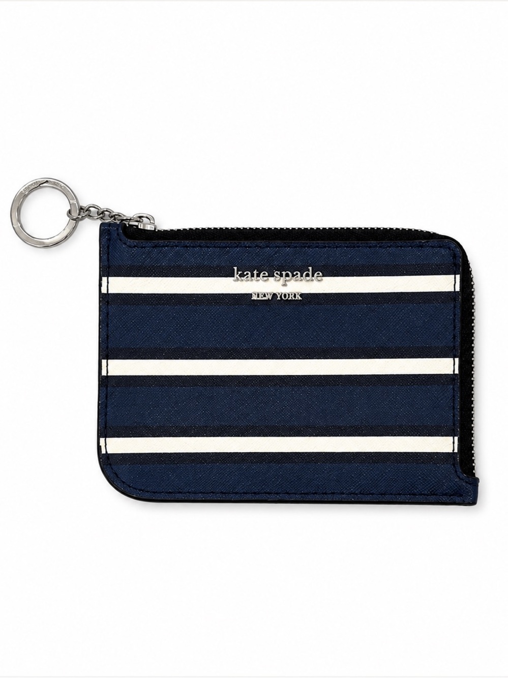 Kate Spade Spencer Stripe Zip Card Holder Navy Cream Leather Wallet